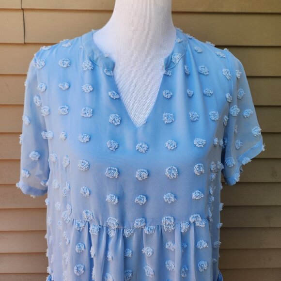 Miholl Blue Loose Flowy Short Dress Textured Dots V-Neck Pockets Short Sleeves - Picture 5 of 15